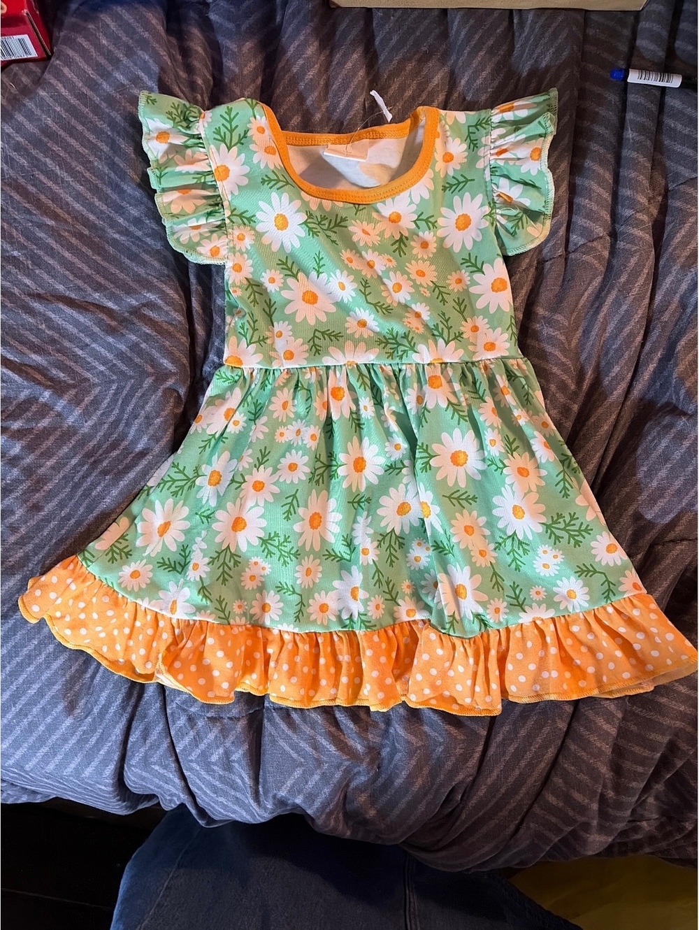 Girls 2XS Floral Ruffle Dress with Orange Polka Dot Trim